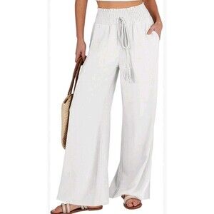 ANRABESS White Linen Palazzo Pants‎ L Wide Leg Beach Summer Boho Coastal